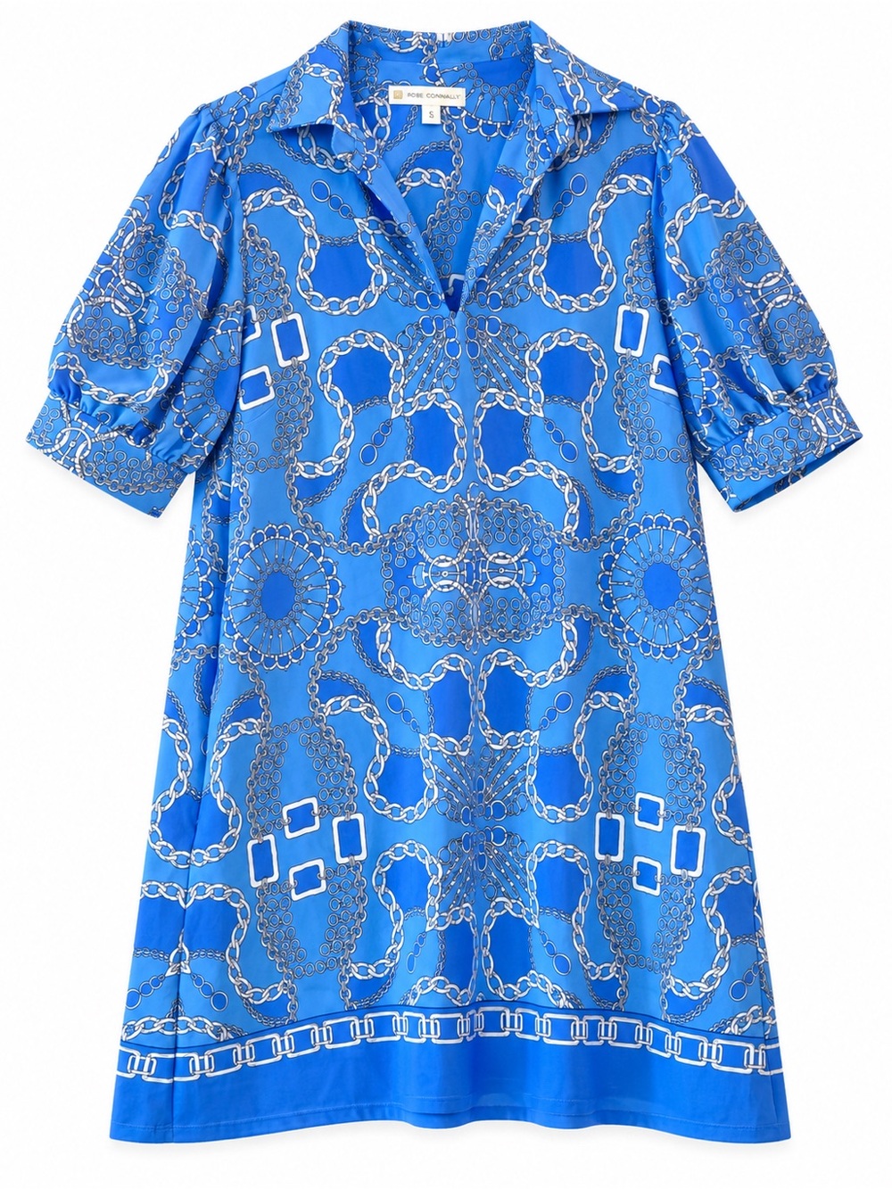 Jude Connally Emerson Dress Womens S Blue Chain Puff Sleeve V-Neck Mini